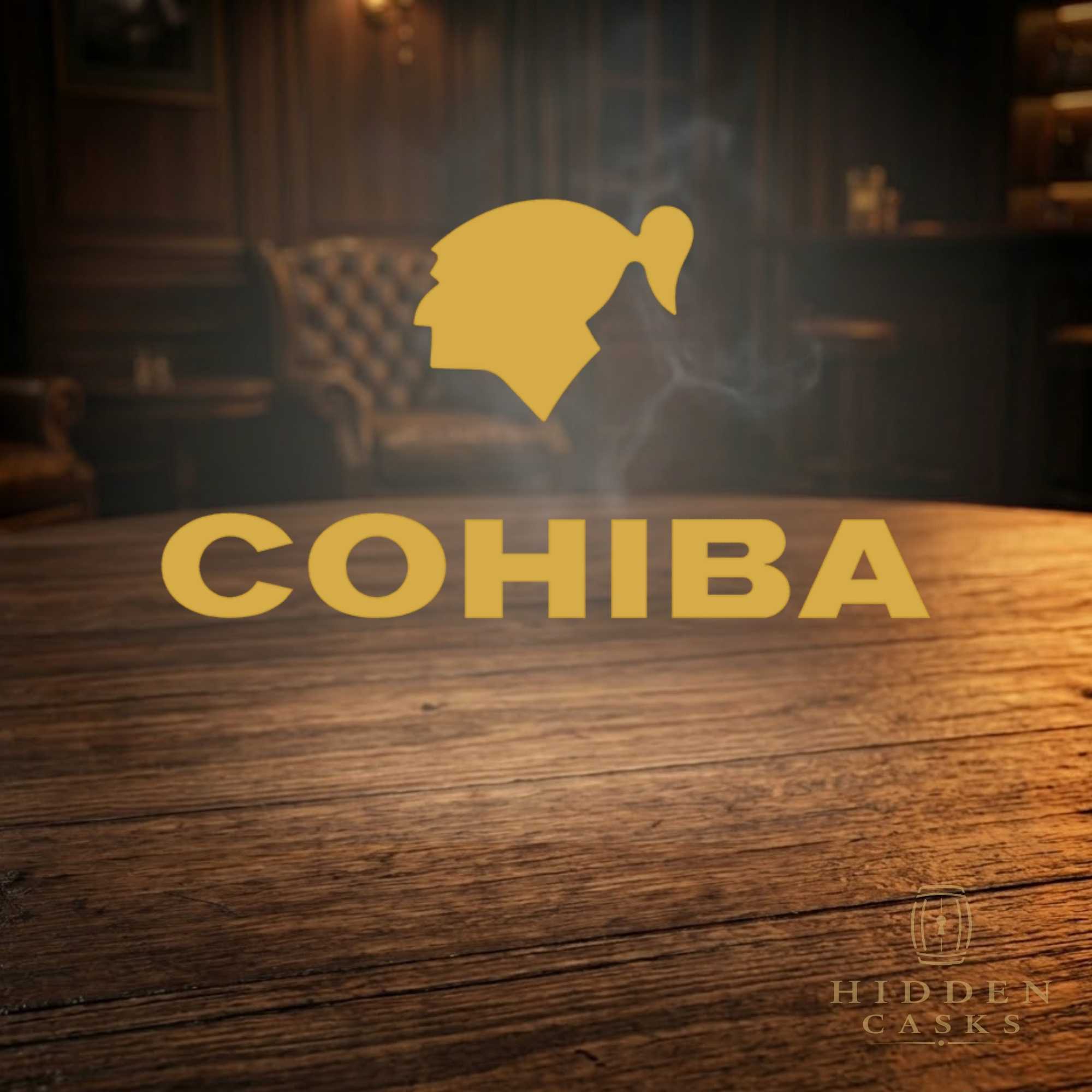 Cohiba luxury cigar collection displayed in premium lounge setting with whiskey and refined atmosphere