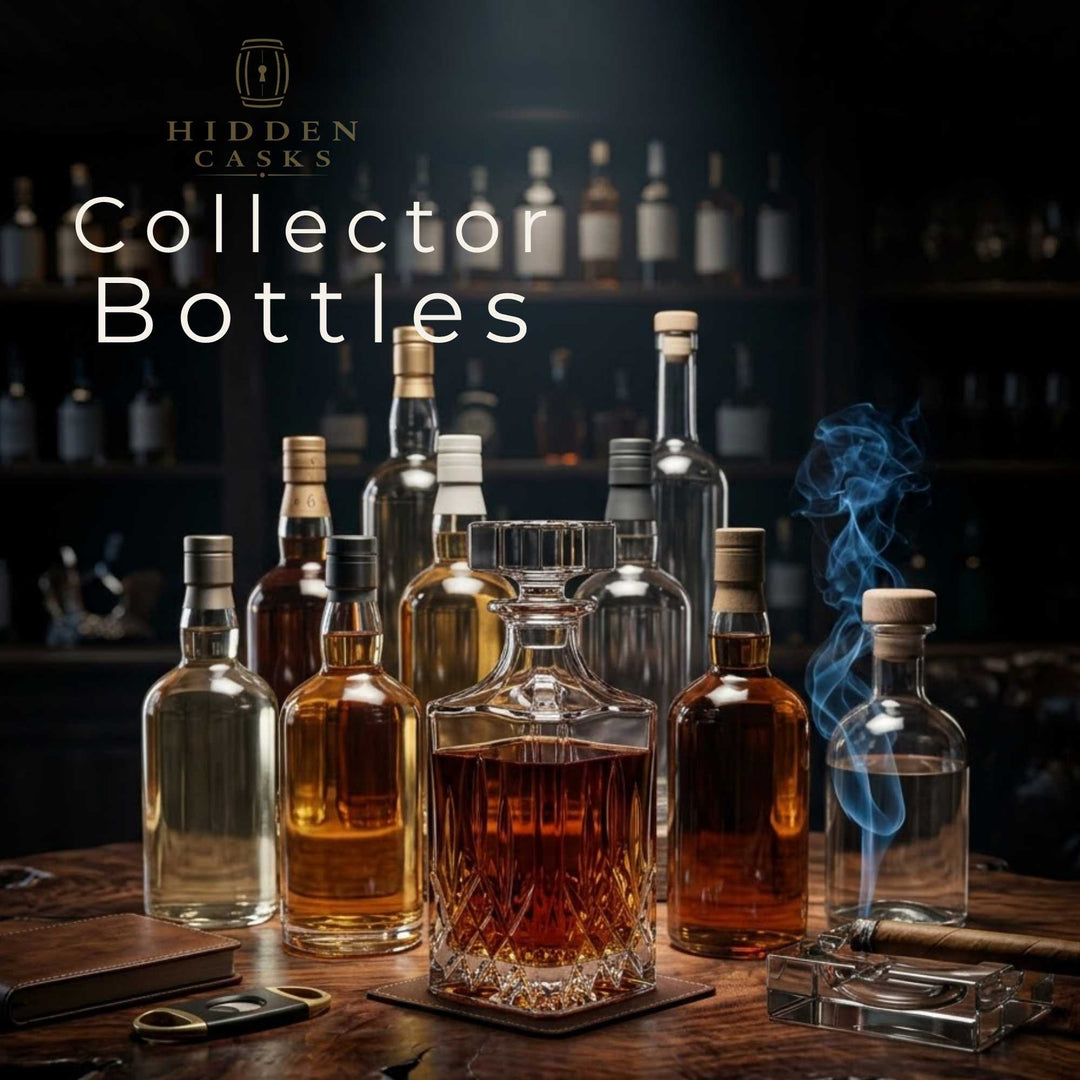 Rare collector spirit bottles displayed in dramatic luxury setting with dark lighting