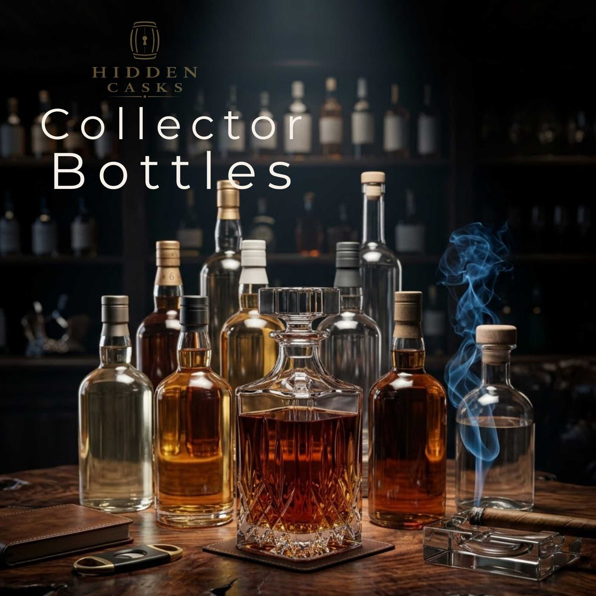 Rare collector spirit bottles displayed in dramatic luxury setting with dark lighting