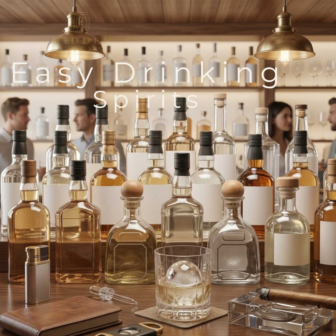 Easy drinking spirits displayed in bright modern bar setting with smooth and approachable vibe