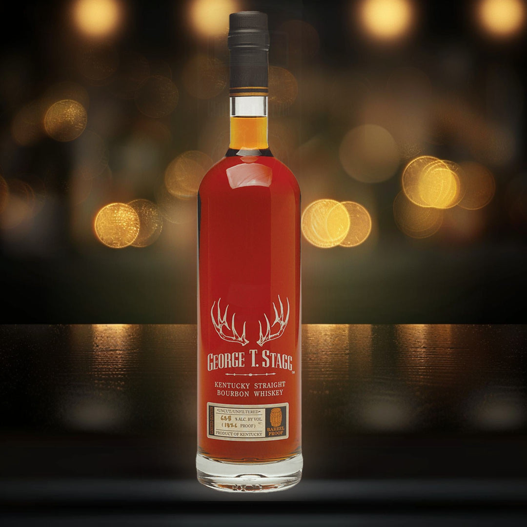 George T. Stagg bourbon bottle in a dark premium setting with dramatic golden lighting