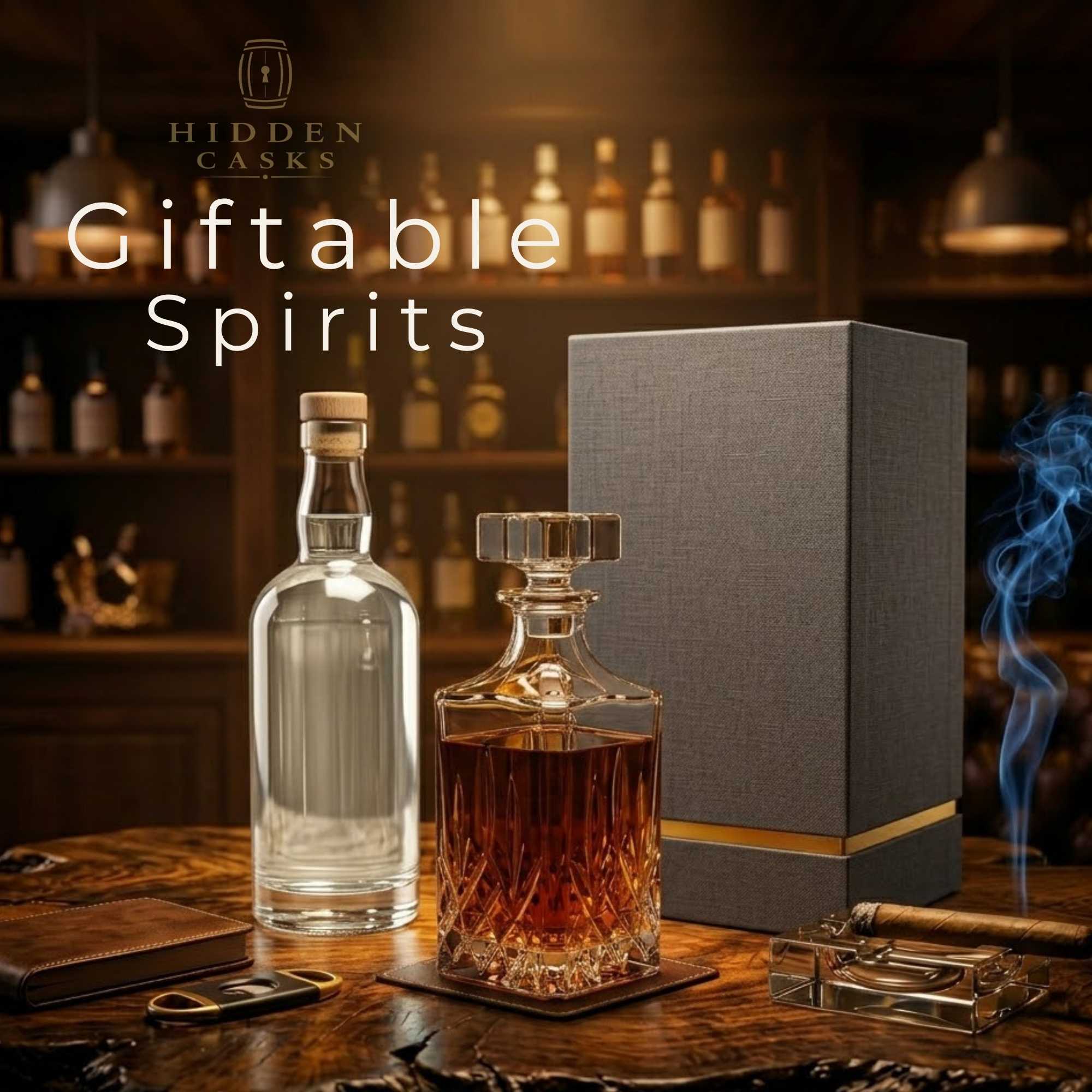 Giftable premium liquor bottle displayed in clean and inviting setting with warm lighting