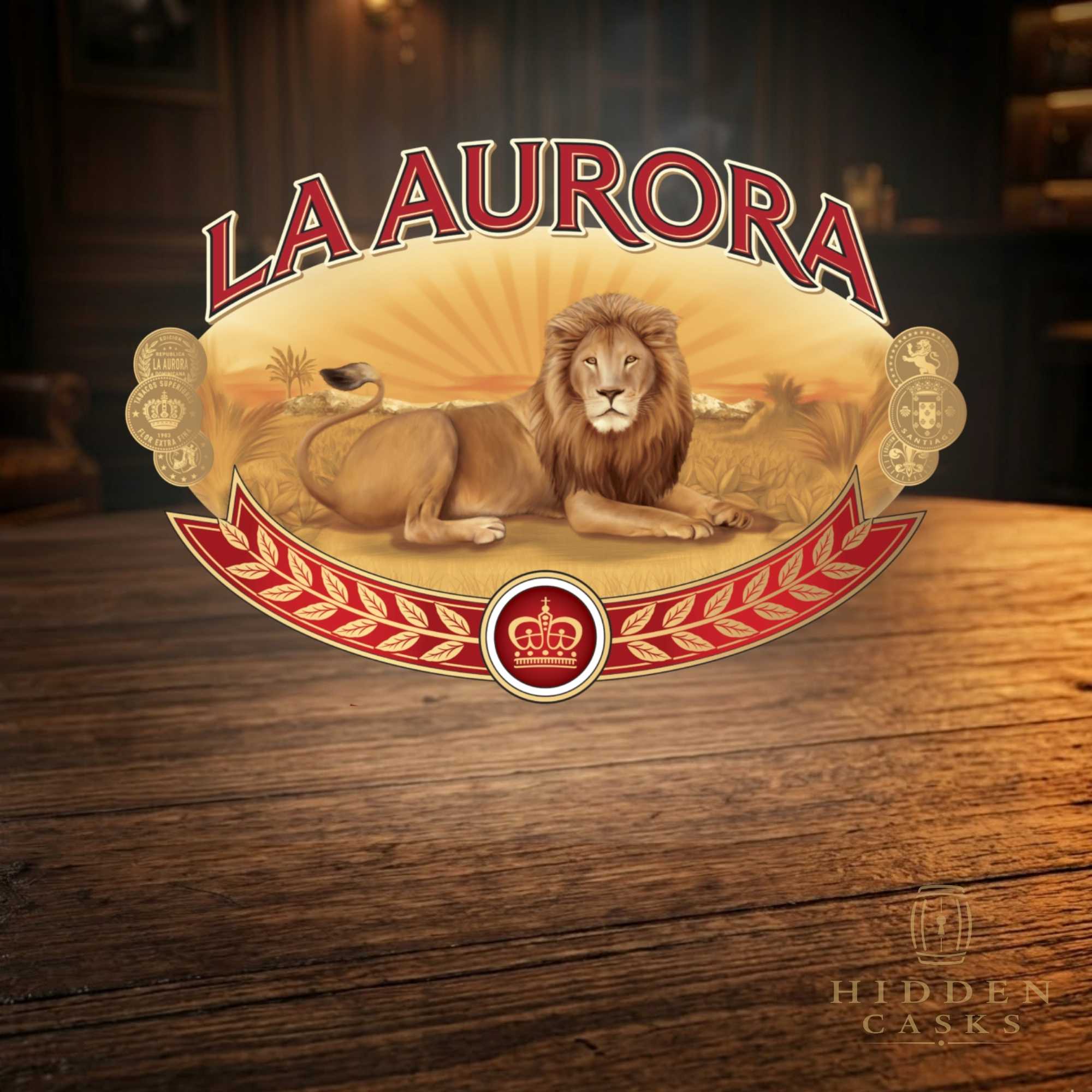 La Aurora Dominican cigar collection displayed in classic luxury lounge setting