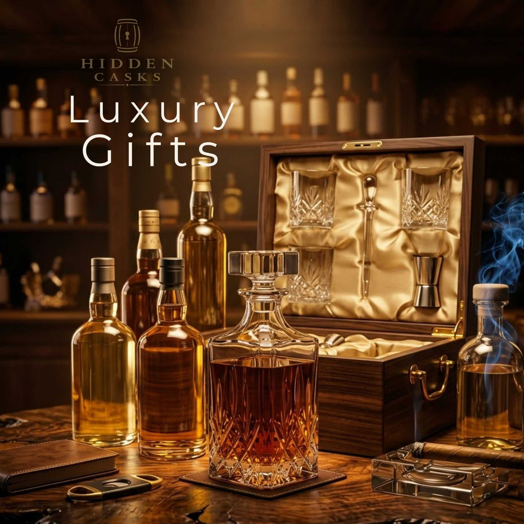 Luxury liquor gift set displayed with premium bottle in elegant setting with warm golden lighting