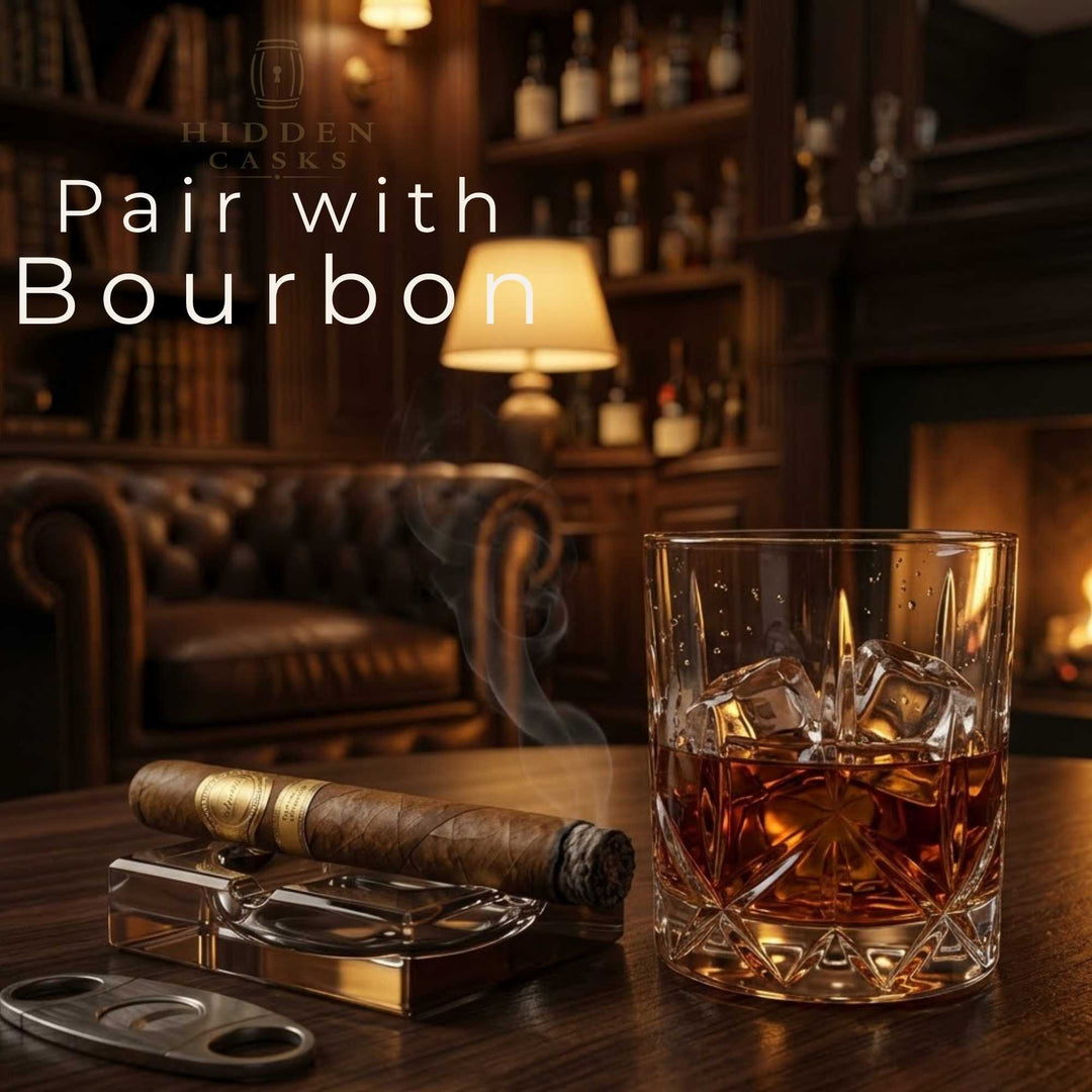 Cigar and bourbon pairing in luxury lounge setting with warm amber lighting
