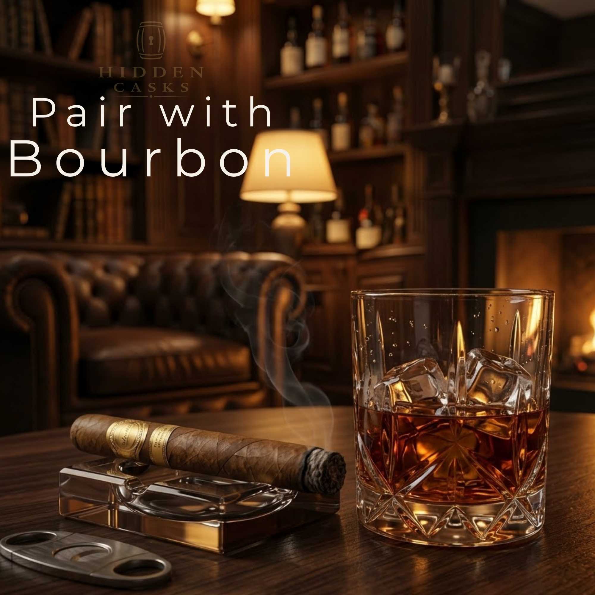 Cigar and bourbon pairing in luxury lounge setting with warm amber lighting