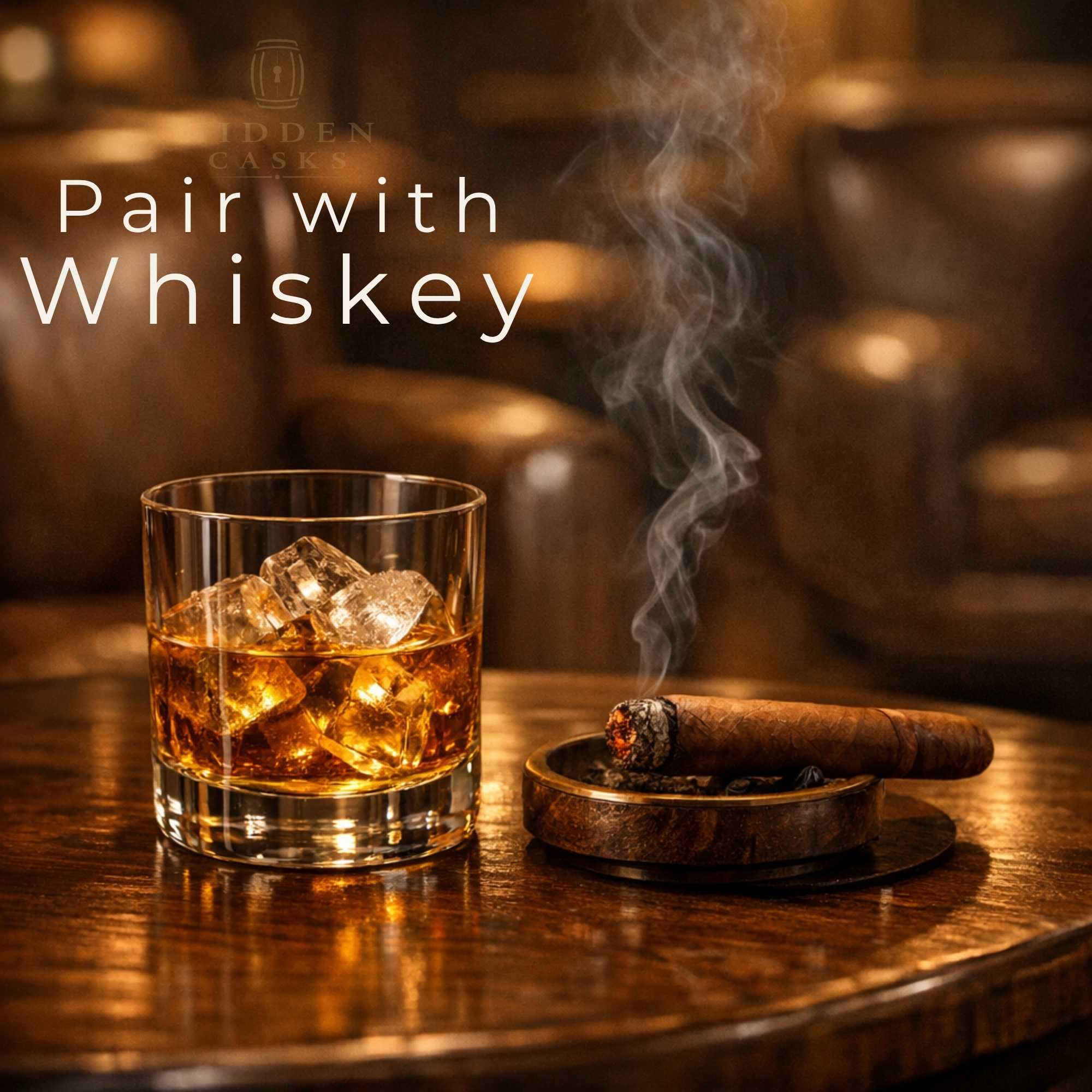 Cigar and whiskey pairing in luxury lounge setting with warm amber lighting