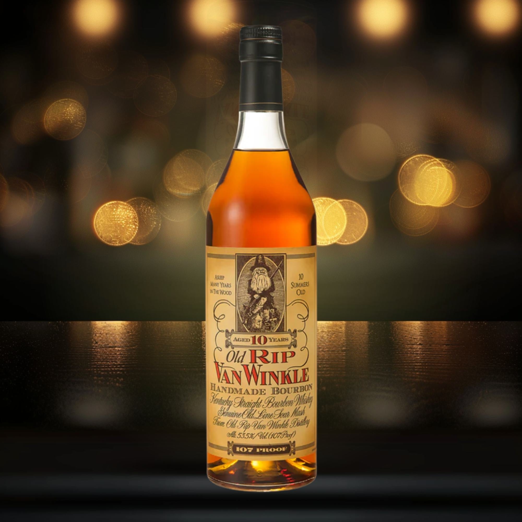 Pappy Van Winkle bourbon bottle in a dark luxury setting with dramatic golden lighting