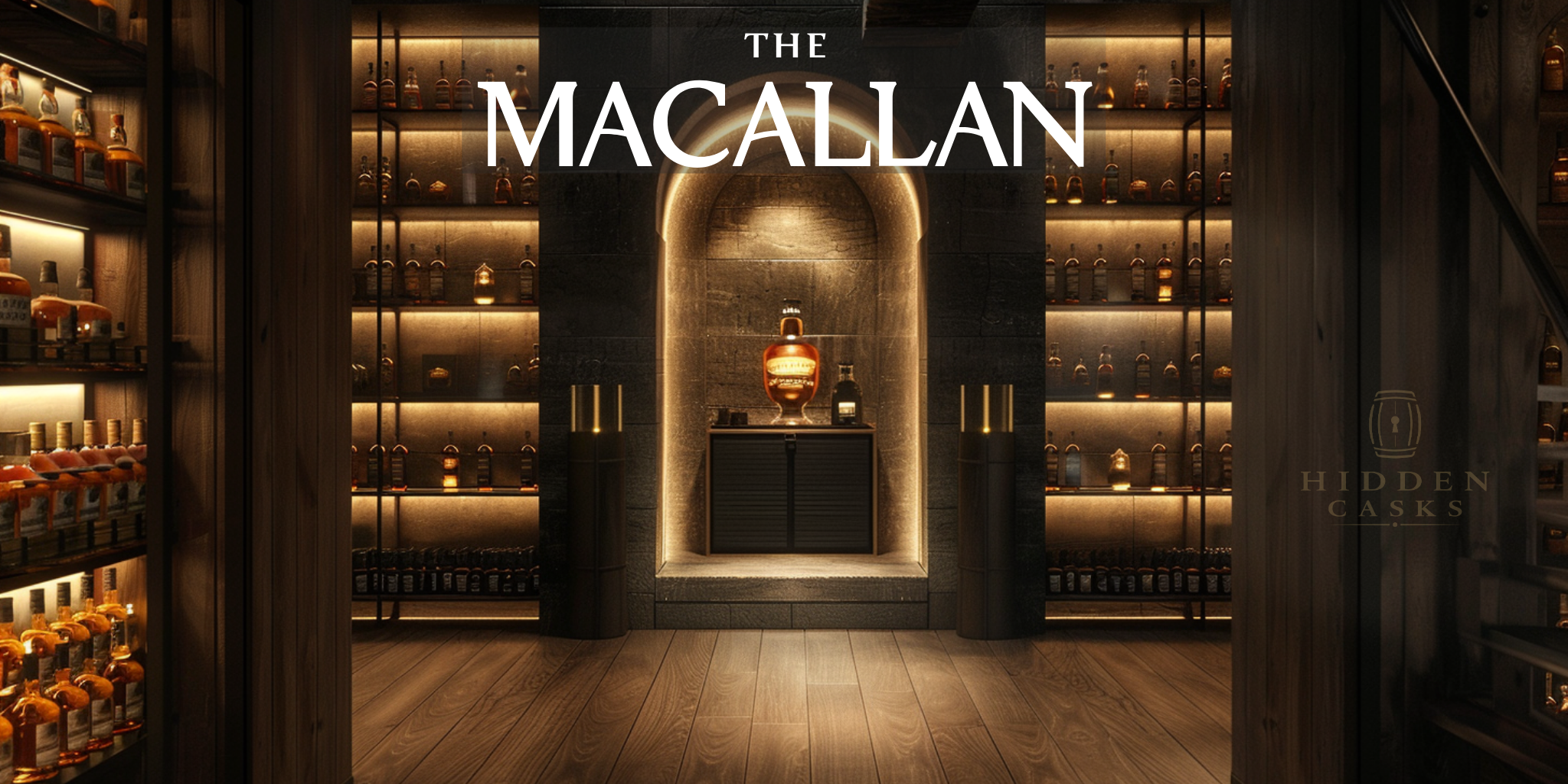 The Macallan Scotch whisky collection displayed in luxury lounge setting with warm amber lighting