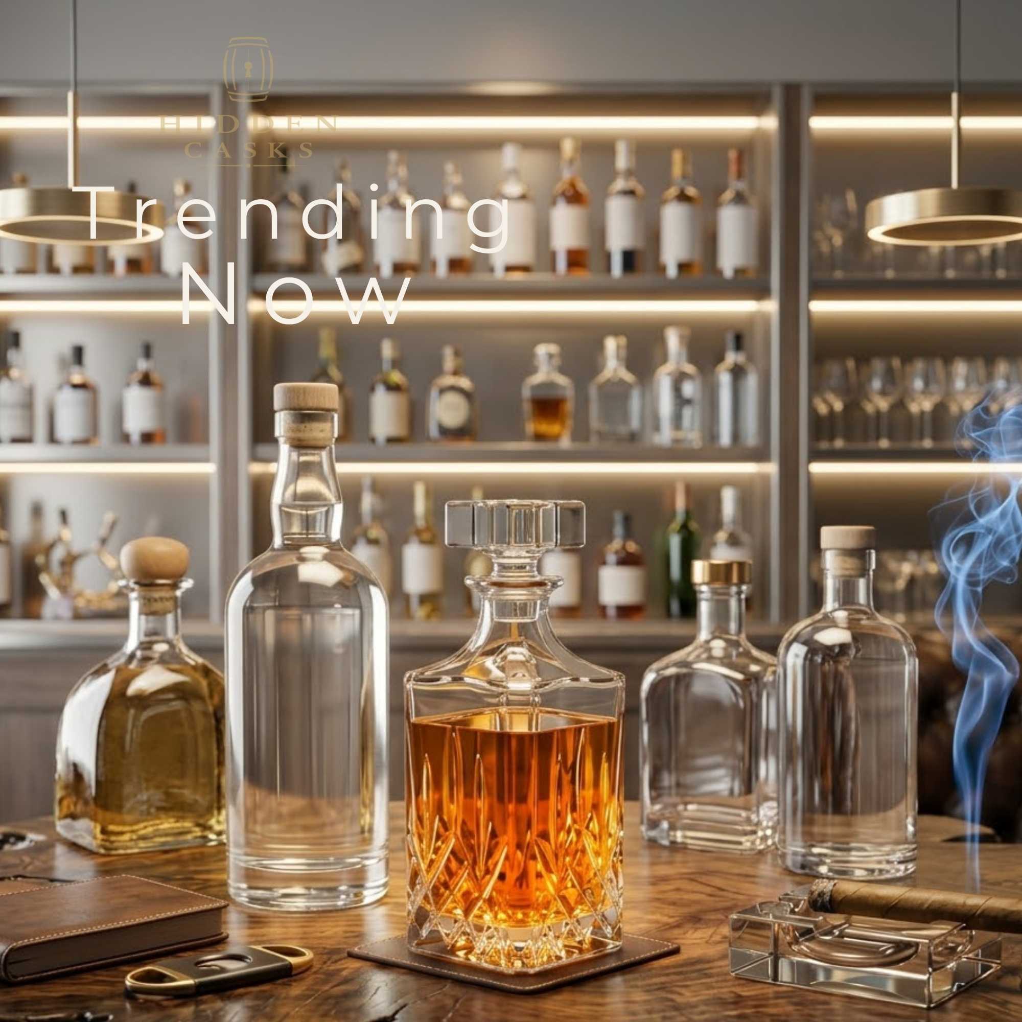Trending premium spirits displayed in modern bar setting with clean lighting