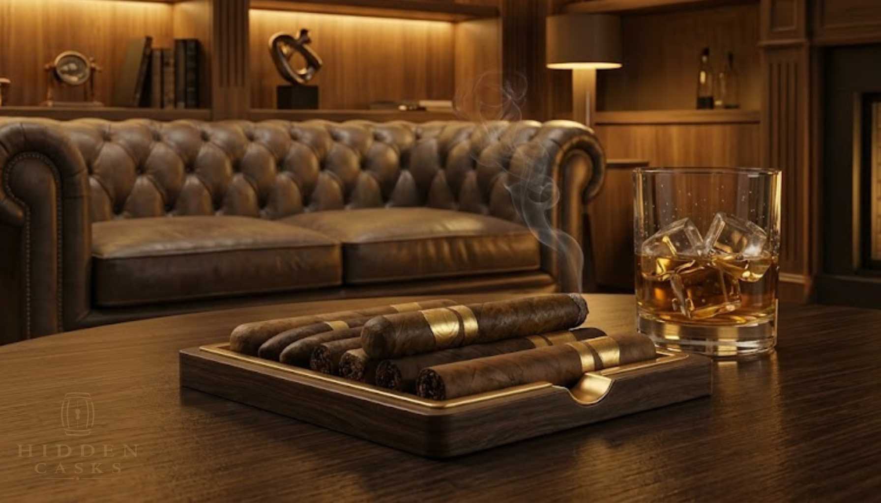 Premium cigars displayed in luxury lounge setting with whiskey and warm lighting