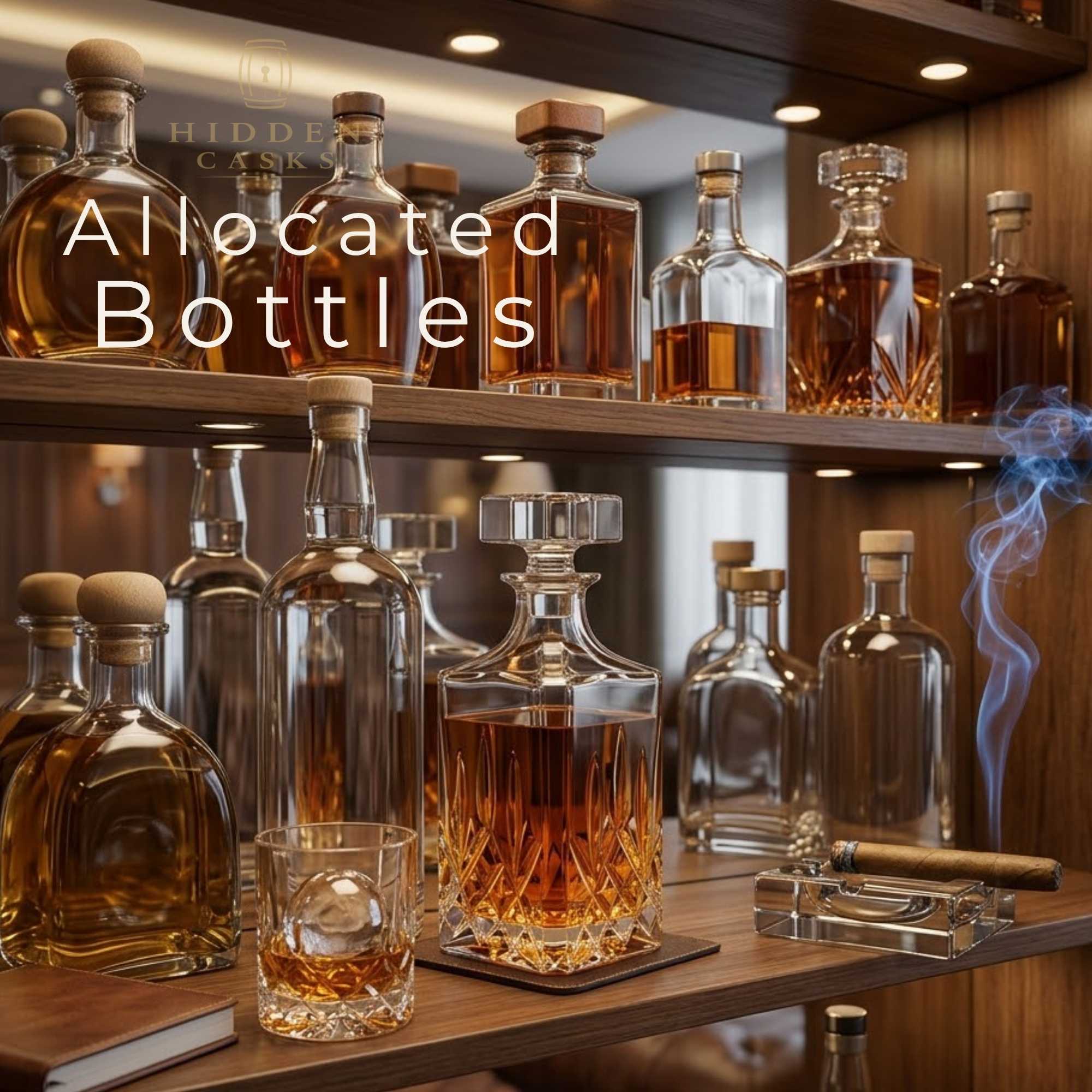 Allocated premium spirits displayed on shelf in upscale bar setting with warm lighting