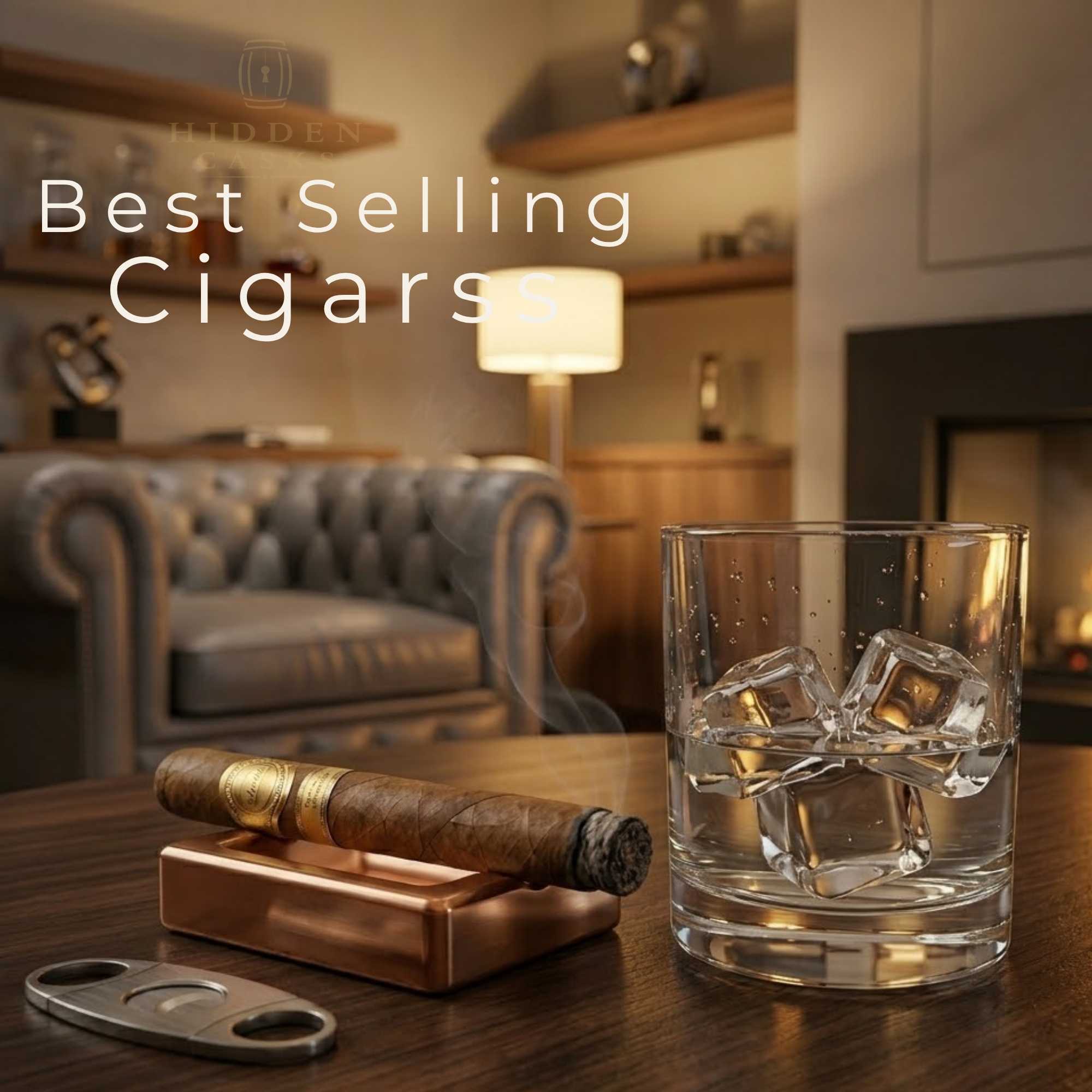 Best selling premium cigars displayed in luxury lounge setting with warm lighting