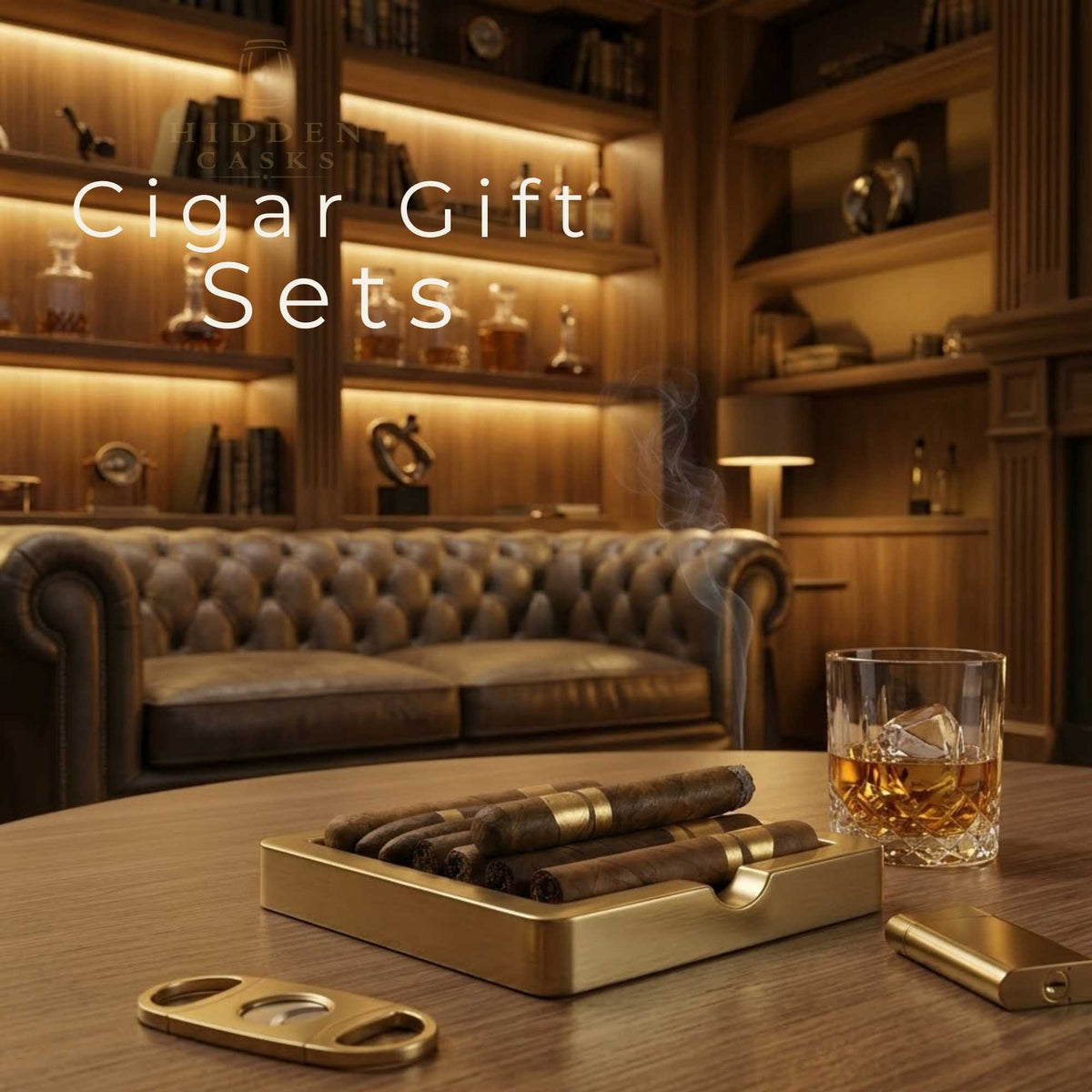 Premium cigar gift set displayed in luxury humidor with warm lighting