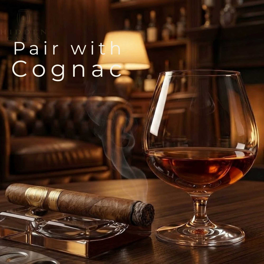 Premium cigar and cognac pairing in luxury lounge setting with warm ambient lighting