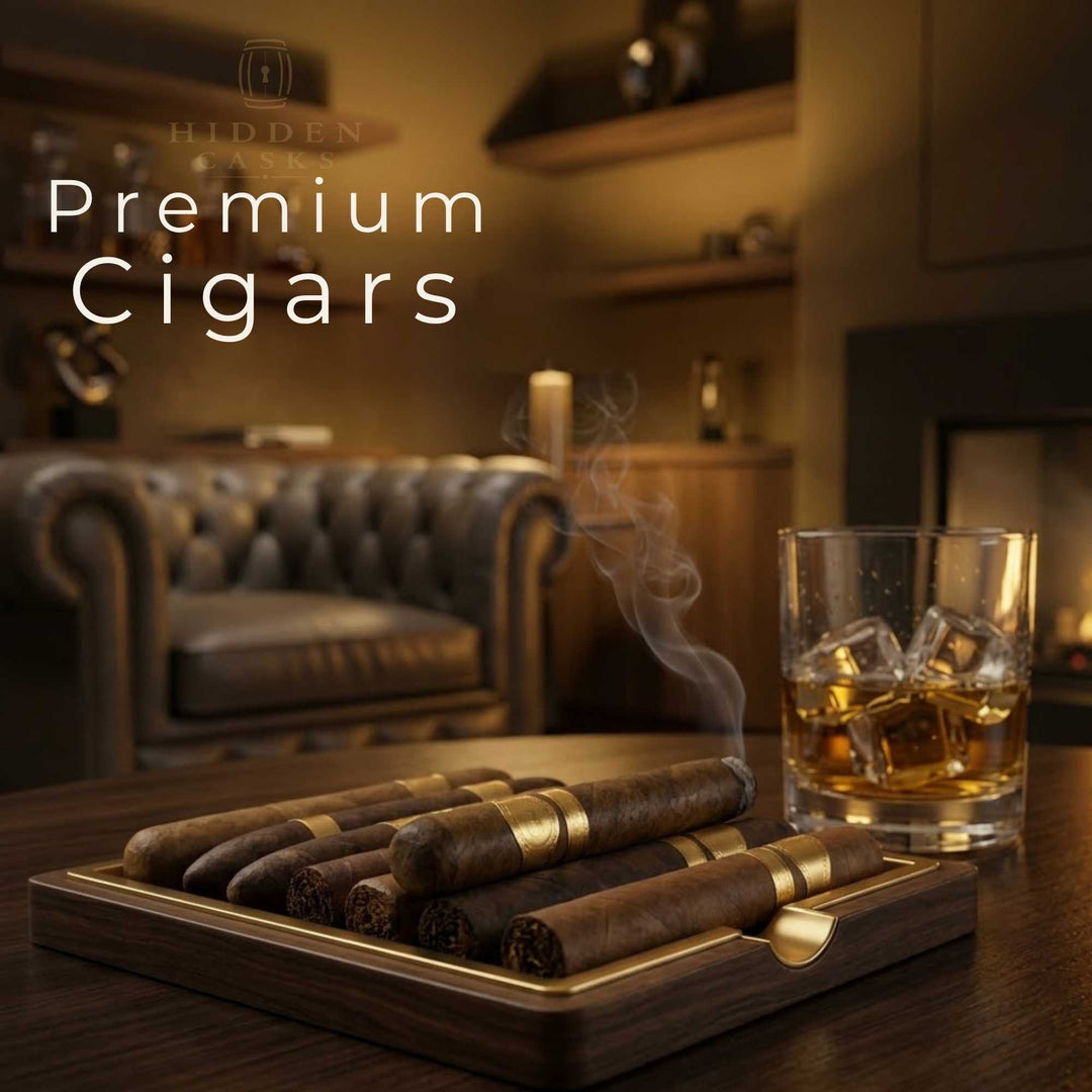 Premium cigar collection displayed in luxury lounge setting with warm golden lighting