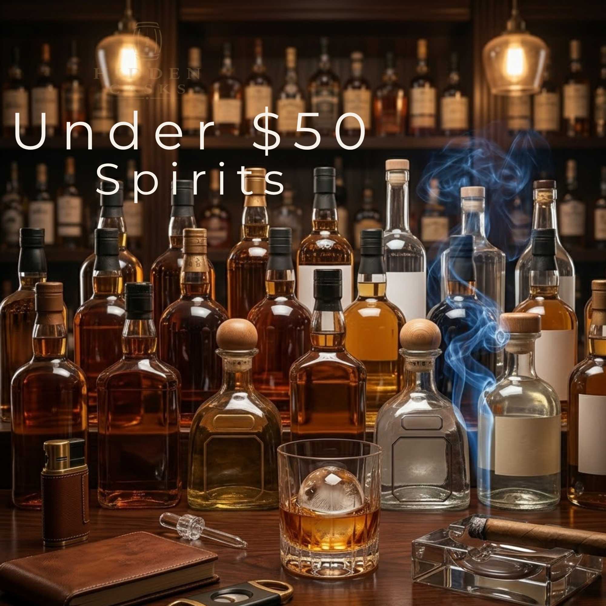 Affordable premium spirits displayed on bar with warm lighting and variety of bottles