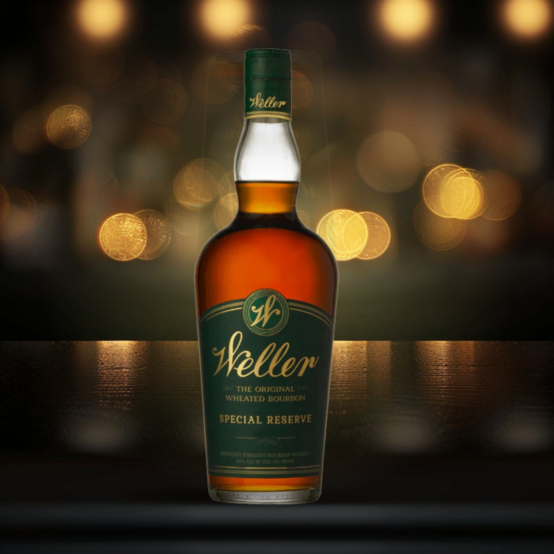 premium weller bourbon bottle with dramatic lighting, dark background, gold highlights, collector luxury aesthetic, ultra realistic --ar 1:1 --v 6