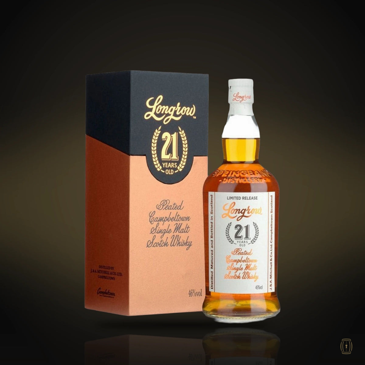 Longrow 21 Year Old peated Campbeltown single malt bottle with copper and black box