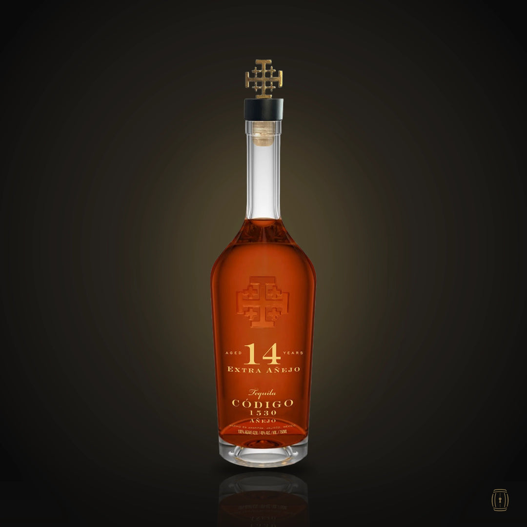 Código 1530 Extra Añejo 14 Year tequila crystal bottle with Jerusalem cross stopper