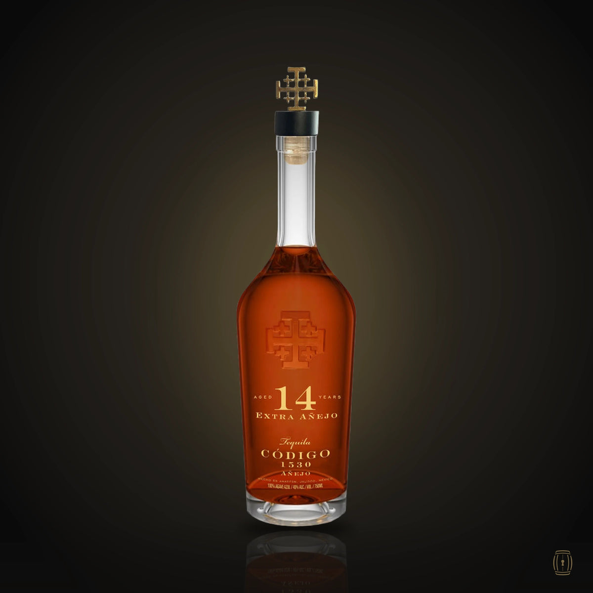 Código 1530 Extra Añejo 14 Year tequila crystal bottle with Jerusalem cross stopper