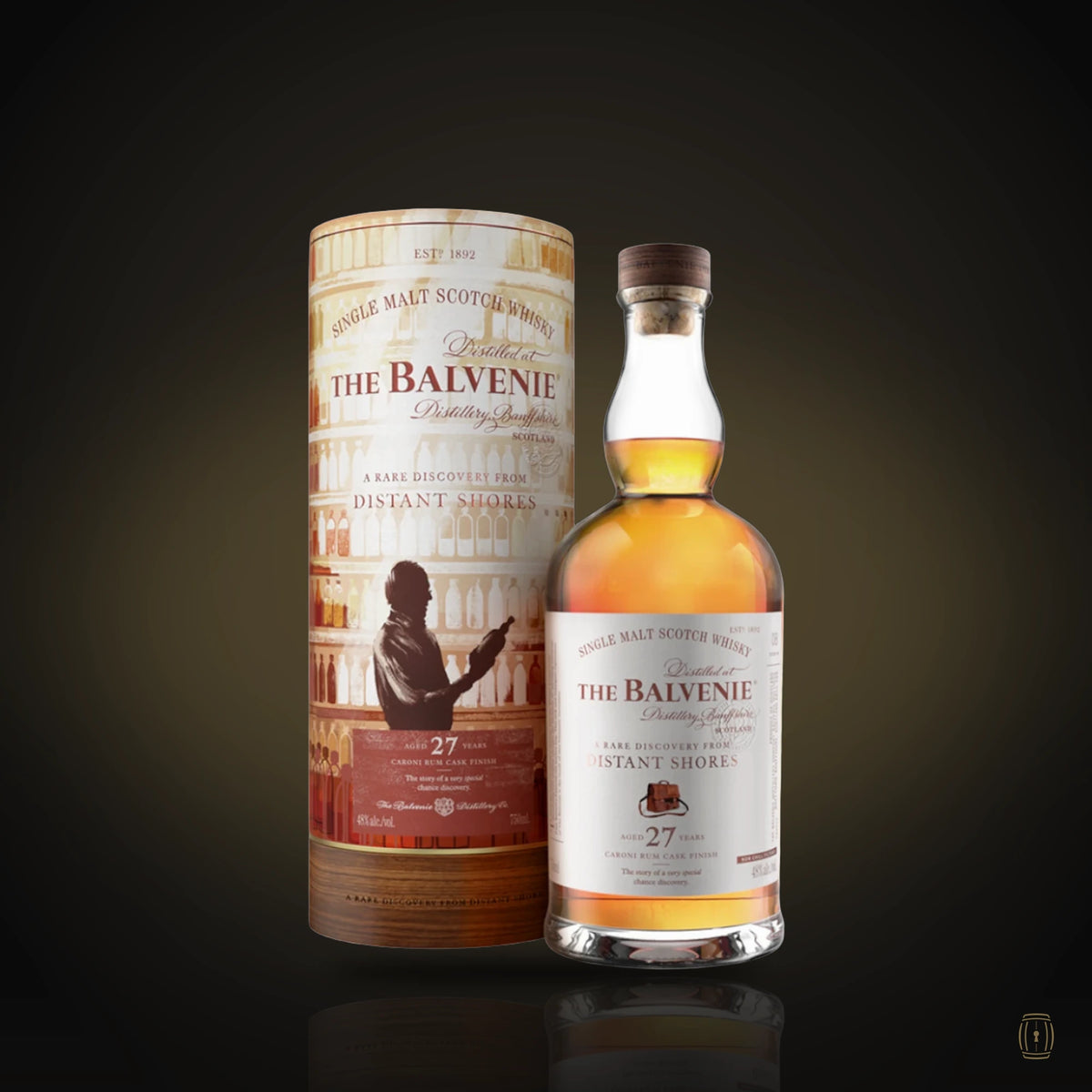 The Balvenie 27 Year Old Distant Shores bottle with illustrated tube