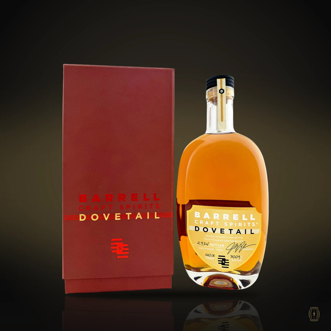 Barrell Craft Spirits Gold Label Dovetail whiskey bottle with burgundy box