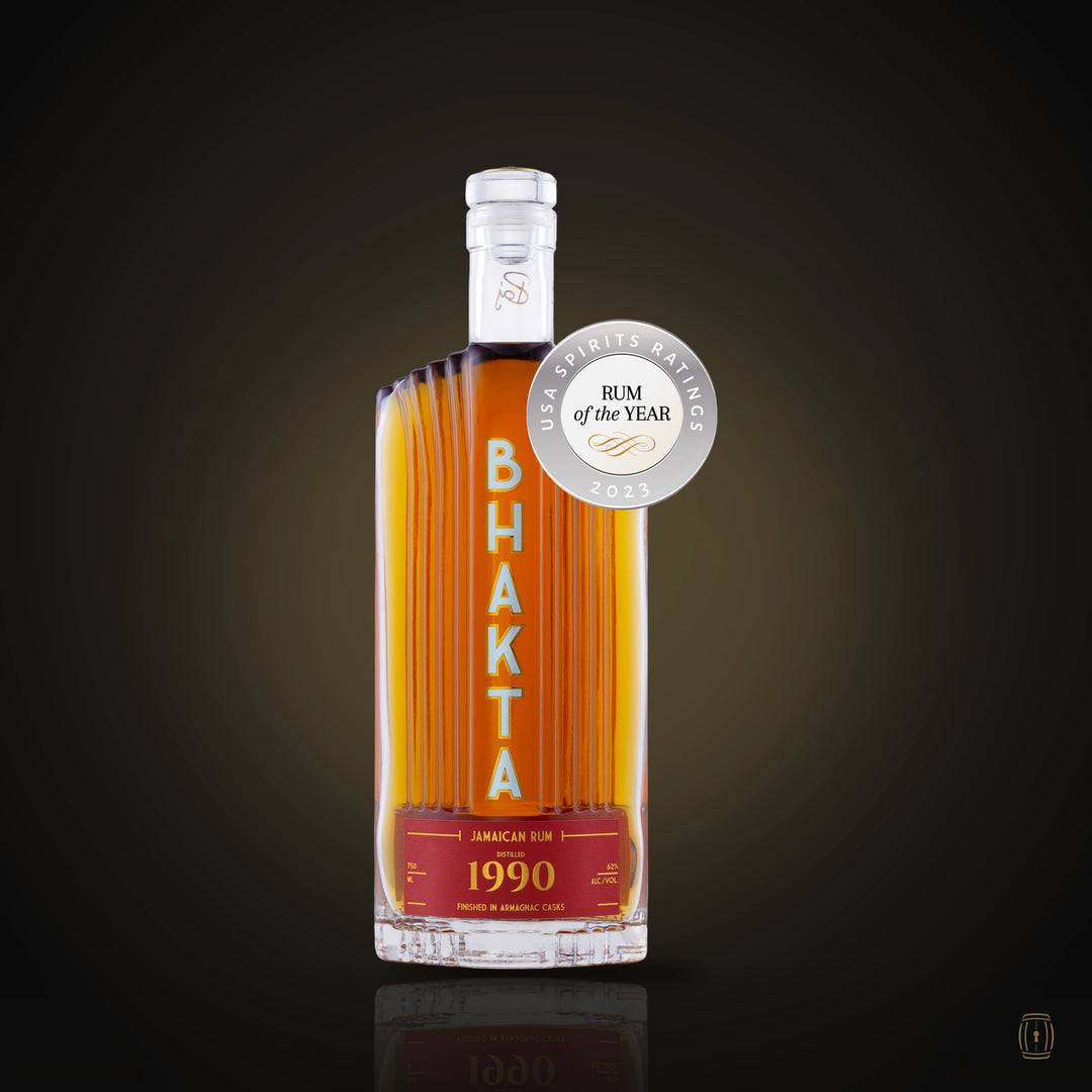 Bhakta 1990 Jamaican rum art deco bottle with red label