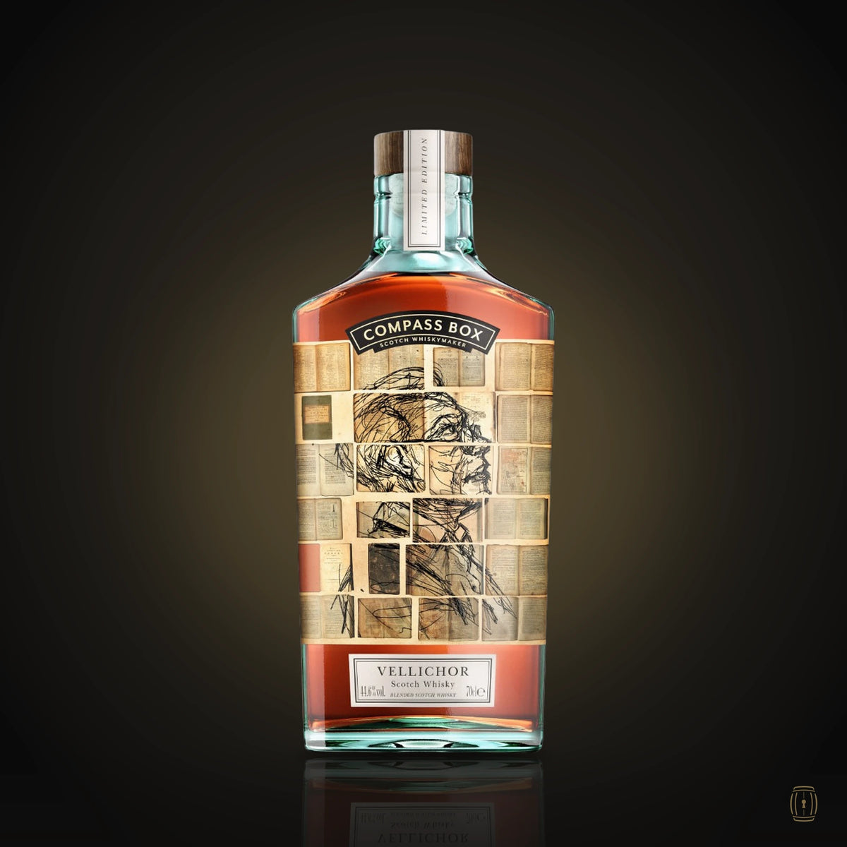 Compass Box Vellichor blended Scotch whisky bottle with book-page collage label