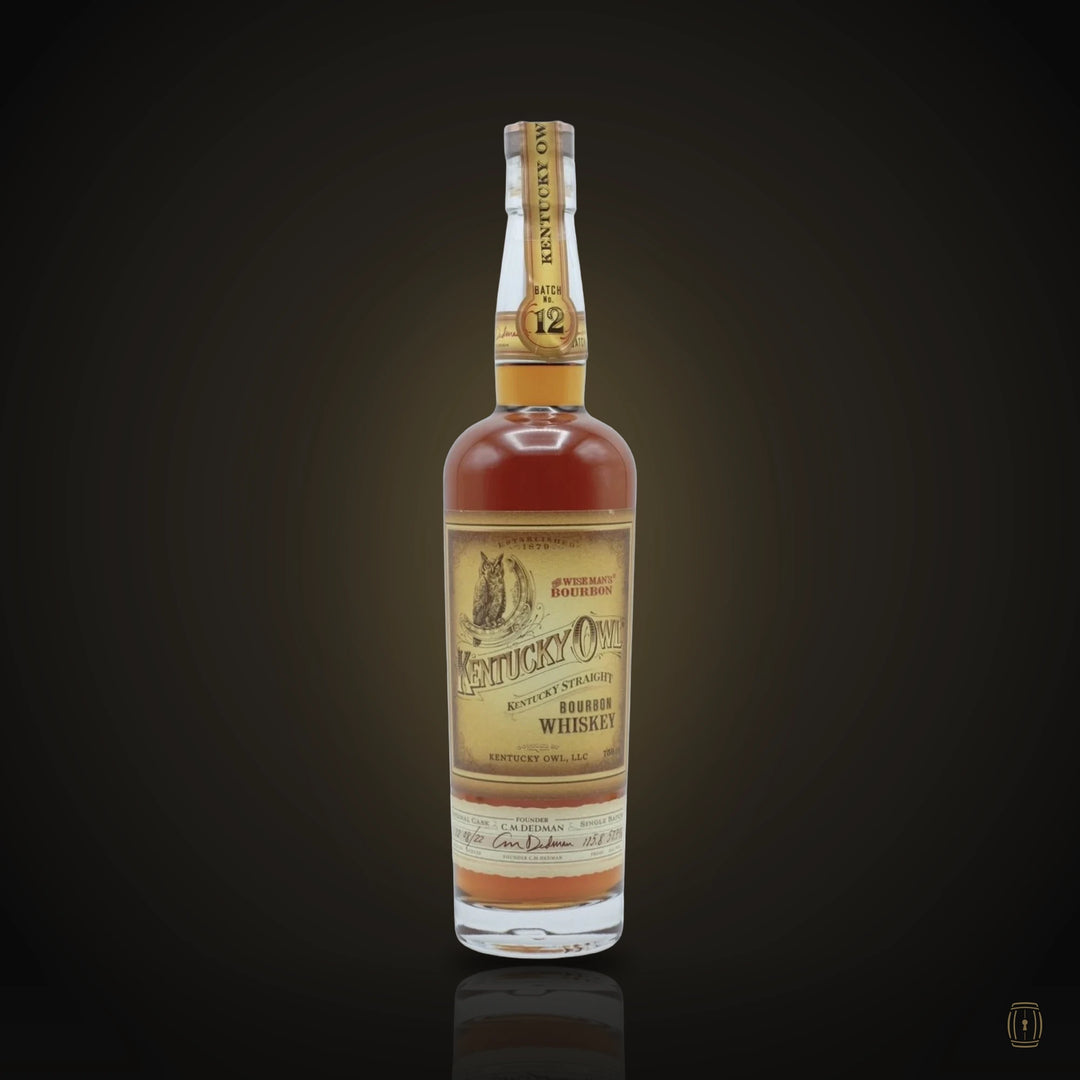 Kentucky Owl Kentucky Straight Bourbon Batch 12 bottle with gold owl label