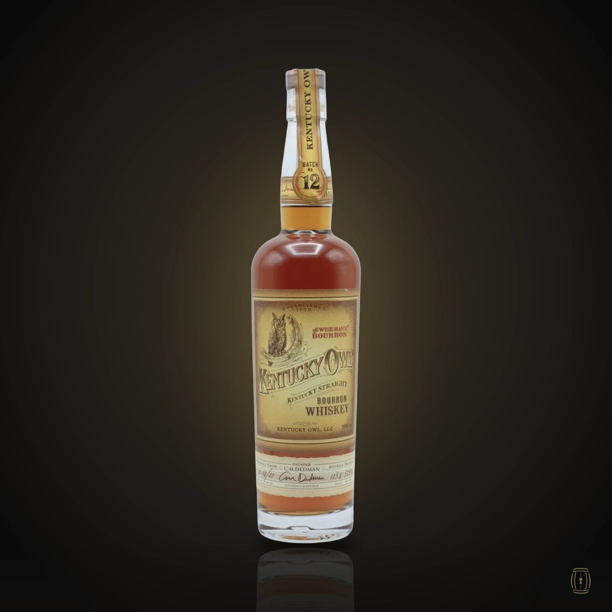 Kentucky Owl Kentucky Straight Bourbon Batch 12 bottle with gold owl label