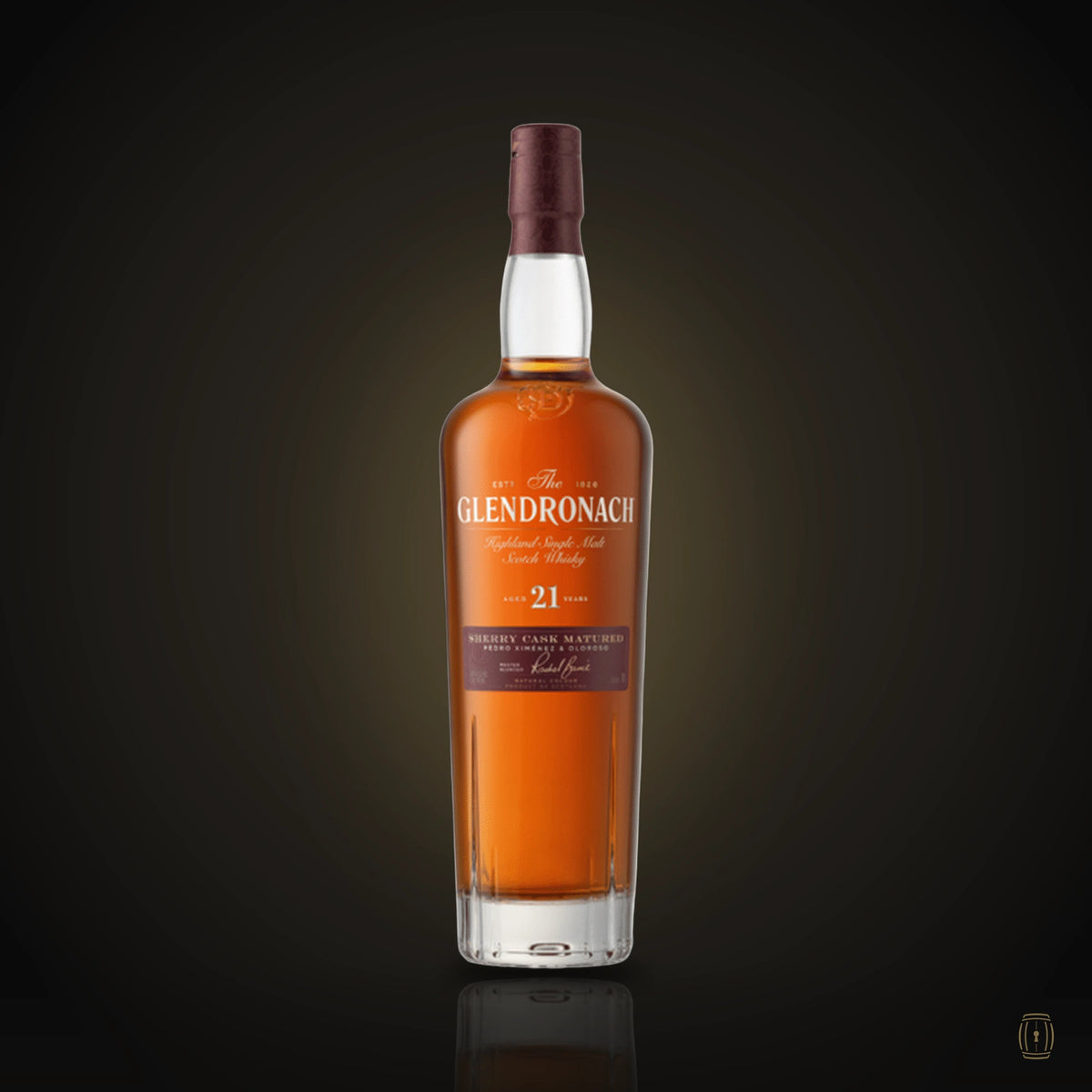 The GlenDronach 21 Year Old Parliament single malt bottle with burgundy box