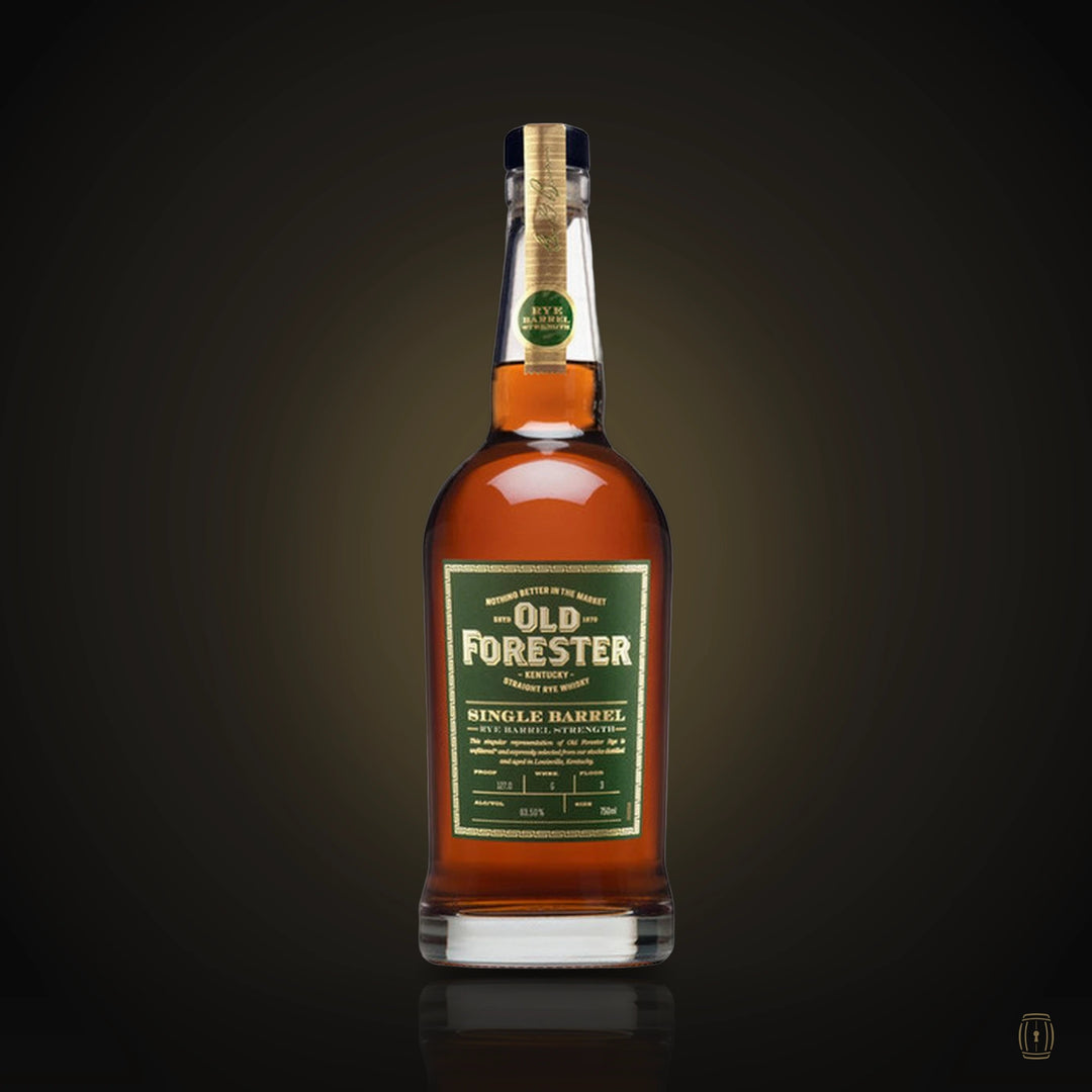 Old Forester Single Barrel Barrel Strength rye whiskey bottle with green label