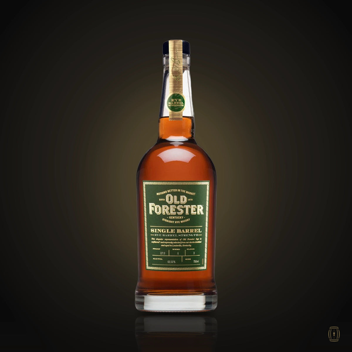 Old Forester Single Barrel Barrel Strength rye whiskey bottle with green label