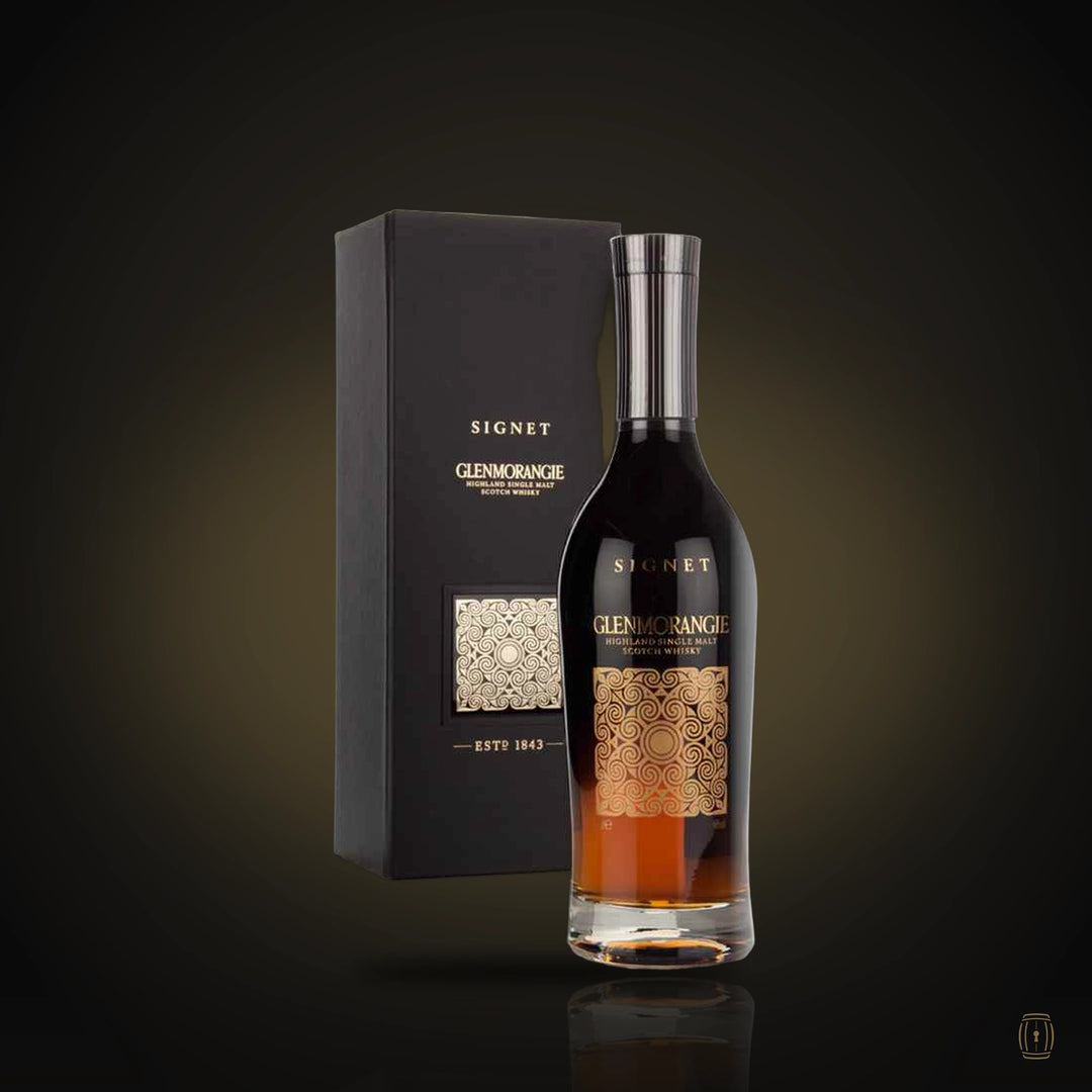 Glenmorangie Signet single malt dark bottle with gold seal and black box