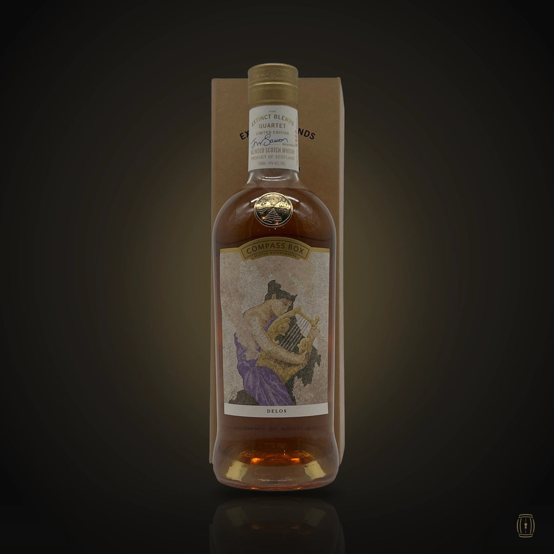 Compass Box Delos blended Scotch bottle with classical figure label