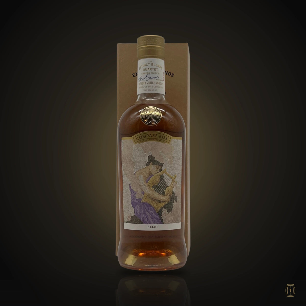Compass Box Delos blended Scotch bottle with classical figure label