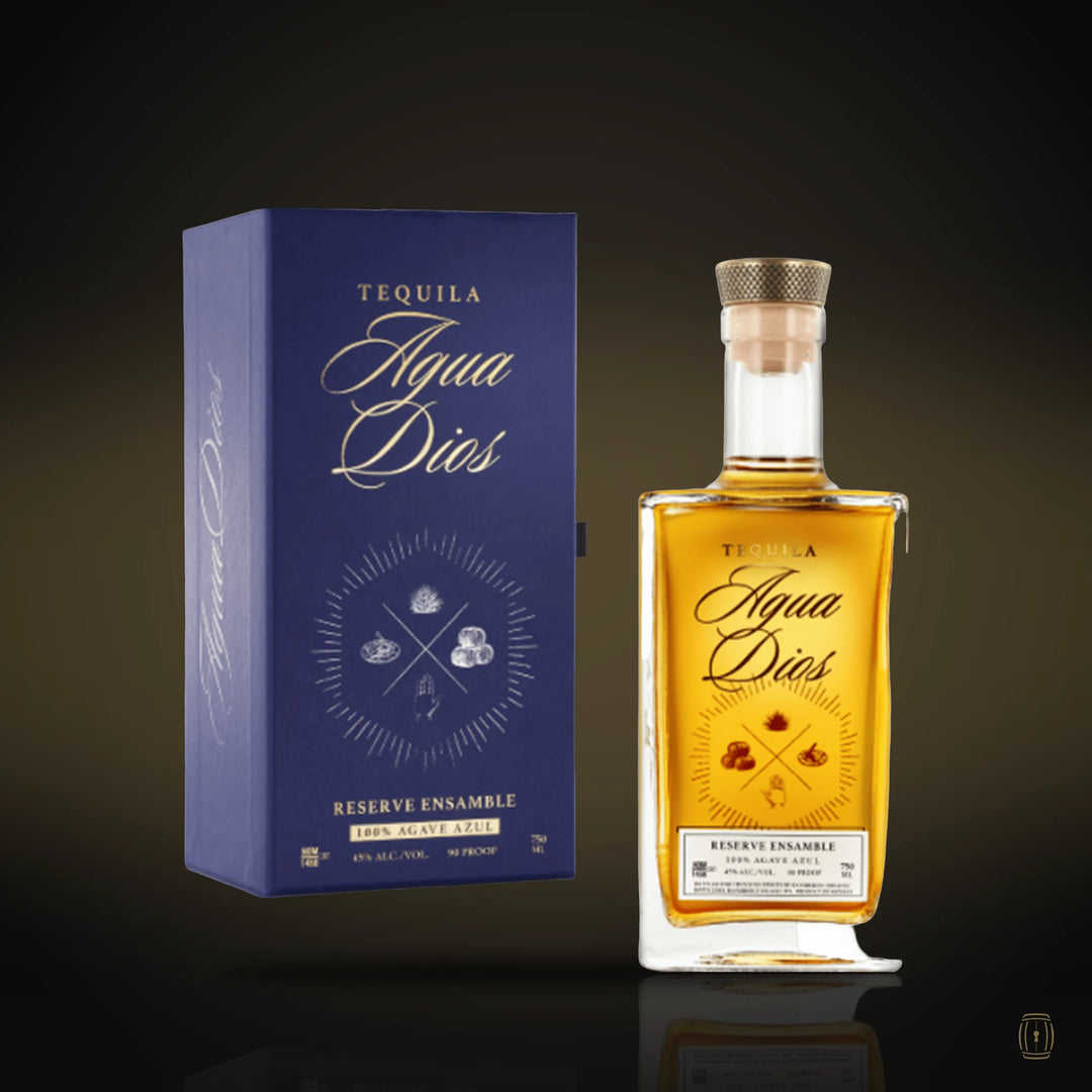 AguaDios Reserve Ensamble 15 Year extra añejo tequila bottle with blue gift box