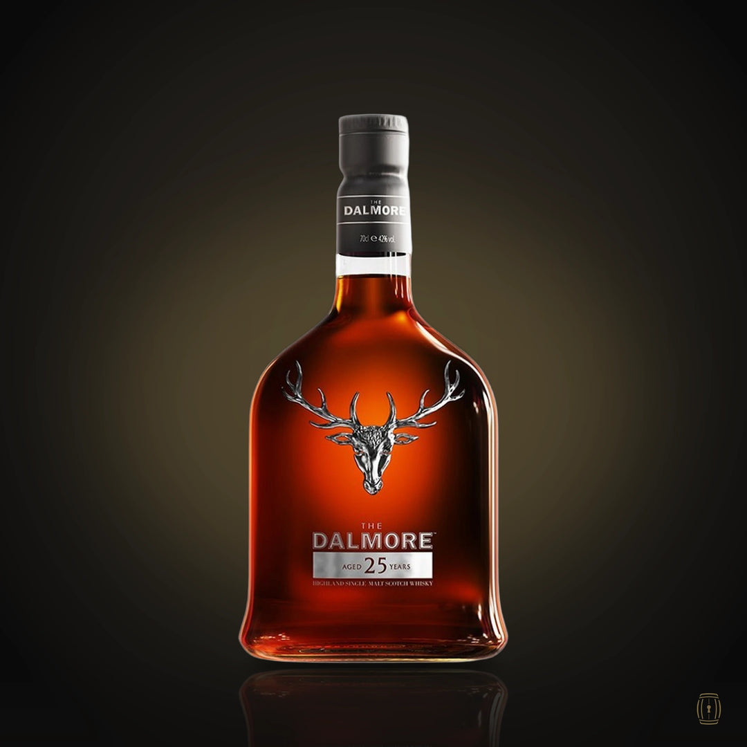 The Dalmore 25 Year Old Highland Single Malt Scotch Whisky bottle with silver stag