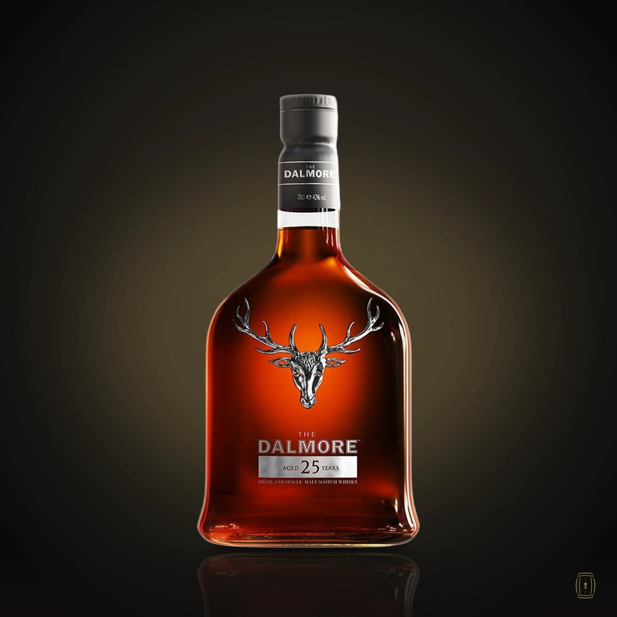 The Dalmore 25 Year Old Highland Single Malt Scotch Whisky bottle with silver stag