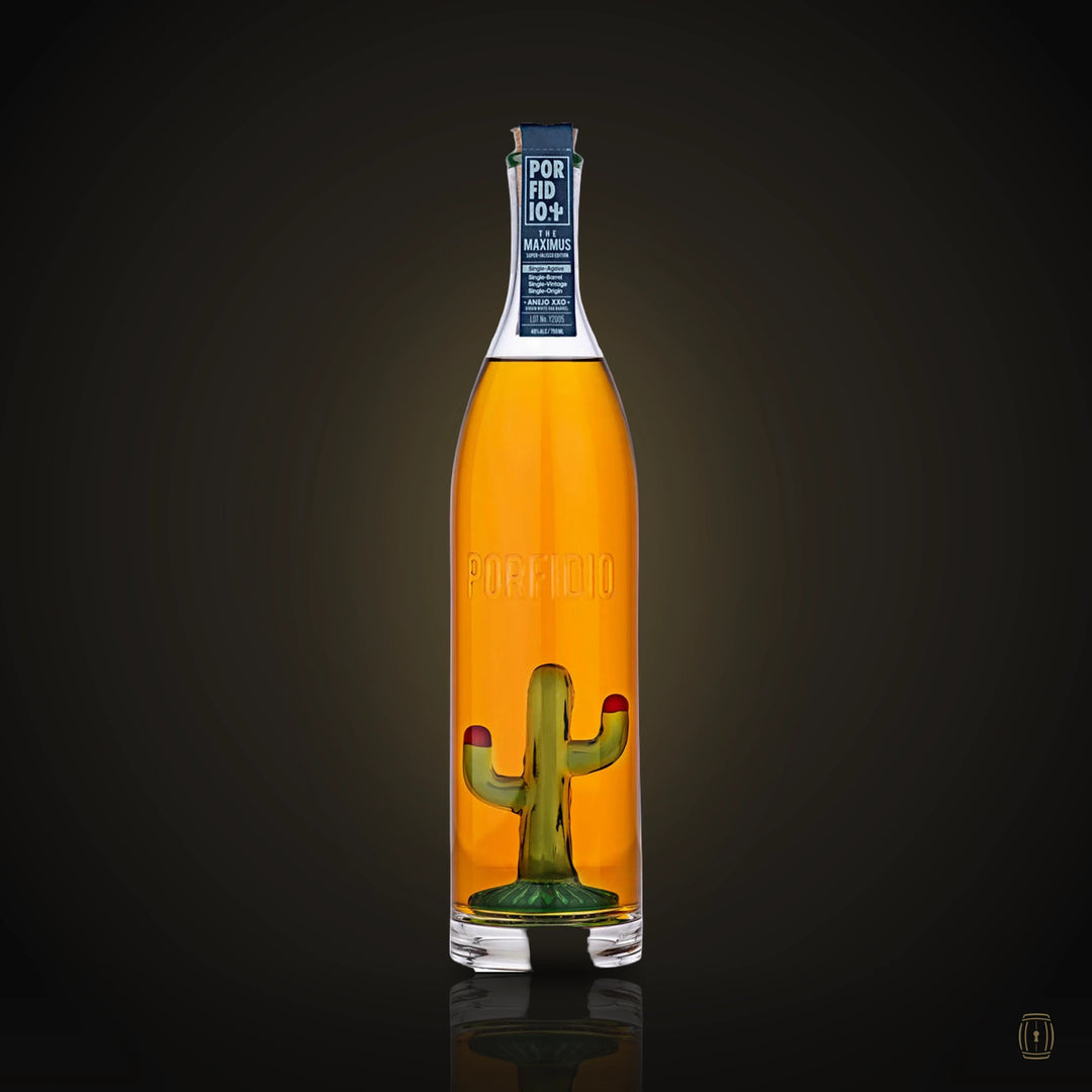 Porfidio The Maximus extra añejo tequila hand-blown bottle with green glass cactus inside