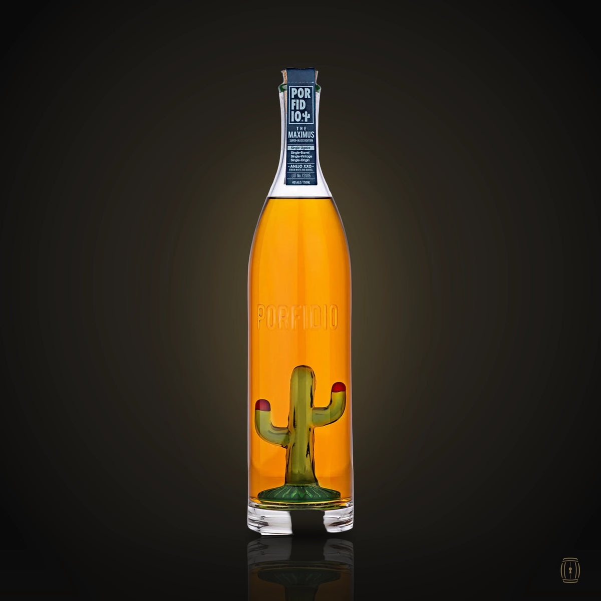 Porfidio The Maximus extra añejo tequila hand-blown bottle with green glass cactus inside