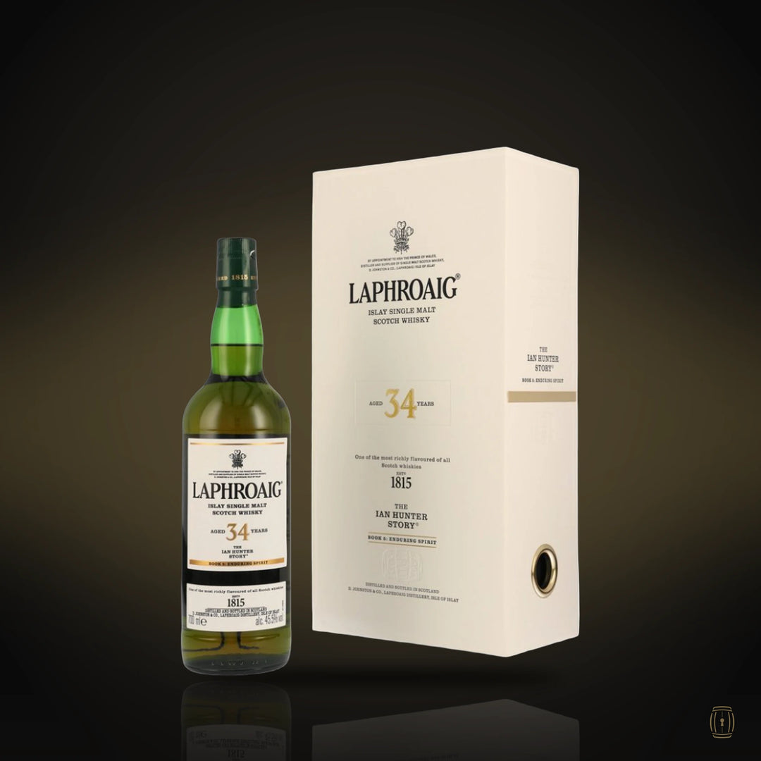 Laphroaig 34 Year Old Ian Hunter Story Book 5 bottle with white presentation case