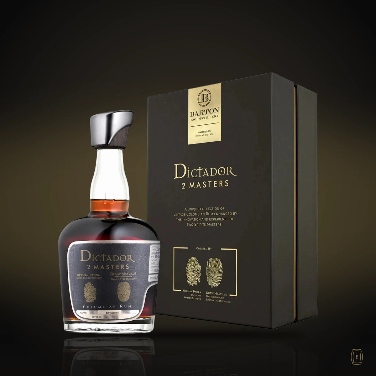 Dictador 2 Masters Barton Straight Rye rum bottle with black box