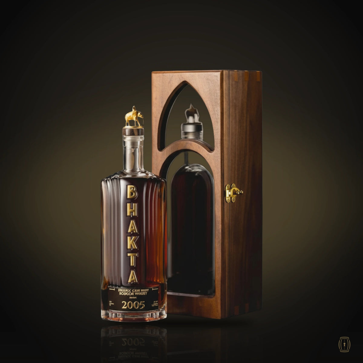 Bhakta 2005 bourbon decanter with wooden arched cabinet
