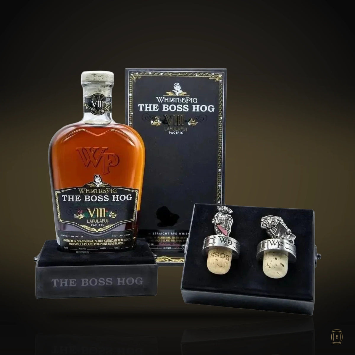 WhistlePig The Boss Hog VIII LapuLapu's Pacific rye bottle with black presentation box