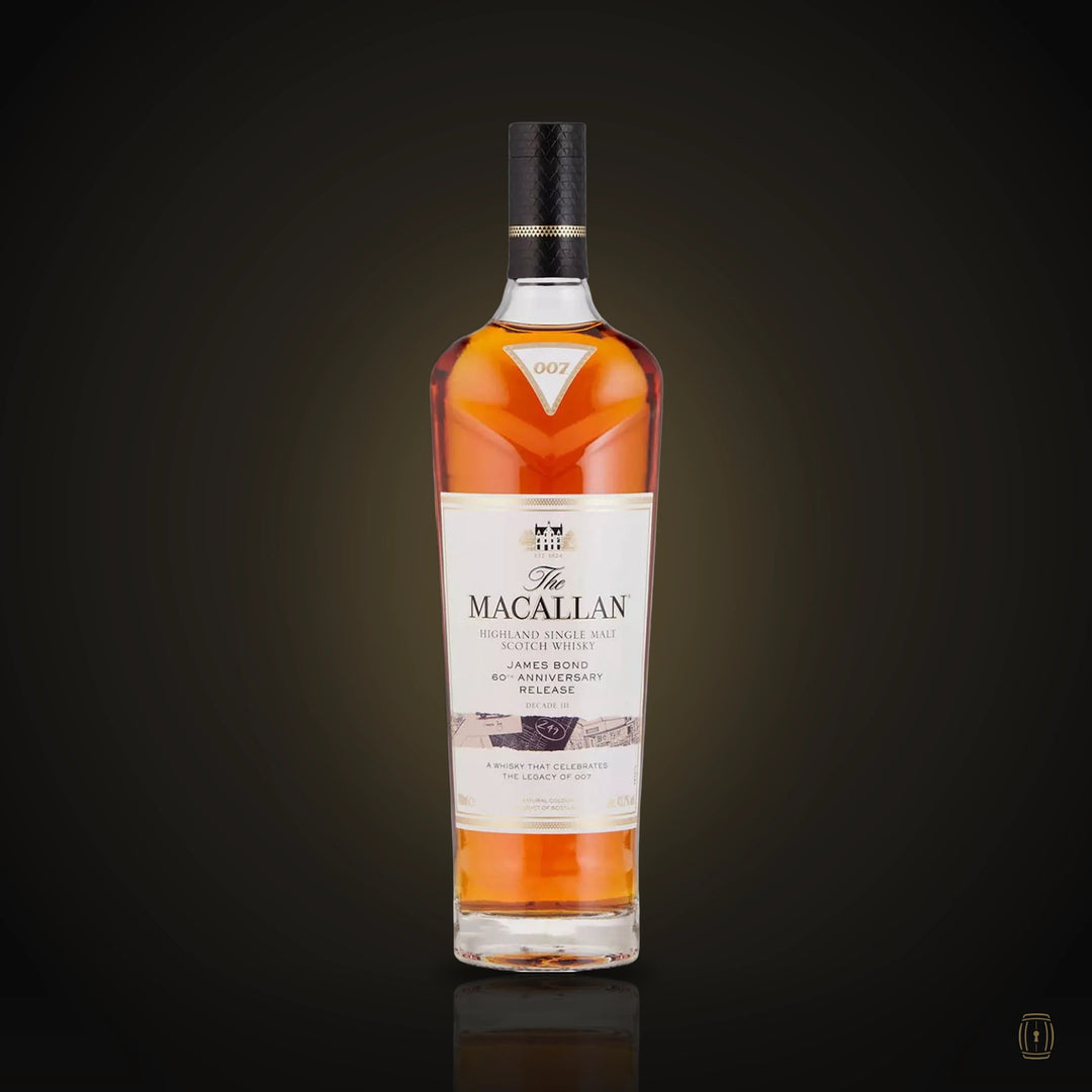 The Macallan James Bond 60th Anniversary Decade V bottle with illustrated tube