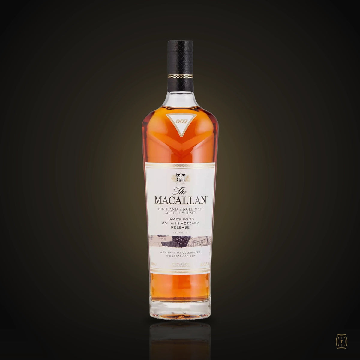 The Macallan James Bond 60th Anniversary Decade V bottle with illustrated tube