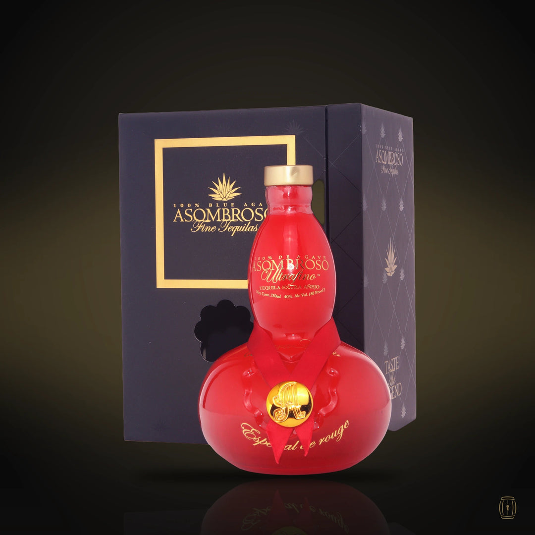 Asombroso Especial de Rouge red tequila bottle with blue gift box