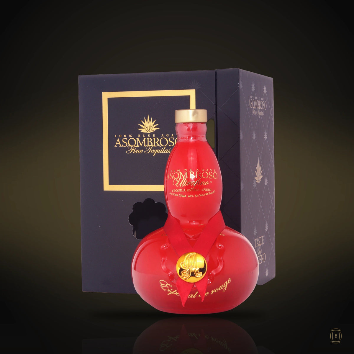 Asombroso Especial de Rouge red tequila bottle with blue gift box